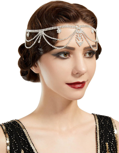 SWEETV Roaring 20s Crystal Rhinestone Head Chain Jewelry, Silver Headpiece Hair Accessories