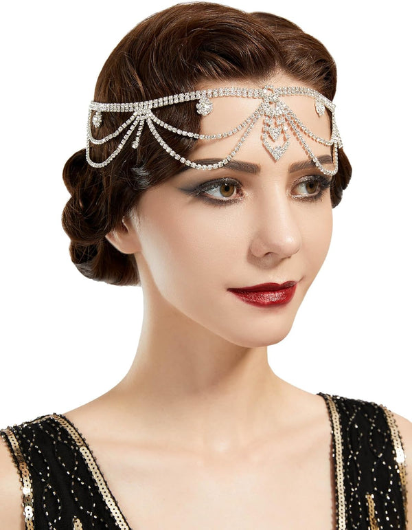 SWEETV Roaring 20s Crystal Rhinestone Head Chain Jewelry, Silver Headpiece Hair Accessories