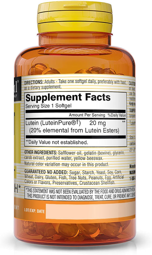 MASON NATURAL Lutein 20 mg with Vitamin E - Healthy Vision and Eye Function, Supports Eye Health, 30 Softgels
