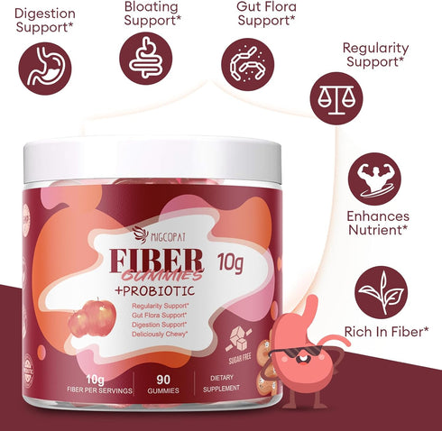 Gummies Probiotics,10G 10 90 Count Migcopat Fiber with Fiber per Serving No Sugar Added Apple Flavor, with Billion CFU