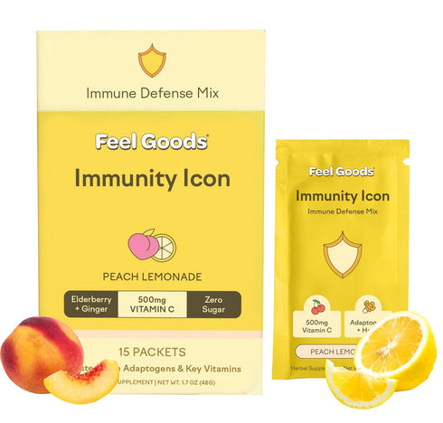 Feel Goods Immunity Icon - Sugar Free Vitamin C & Zinc Powder Packets, Peach Lemonade, 15 Count