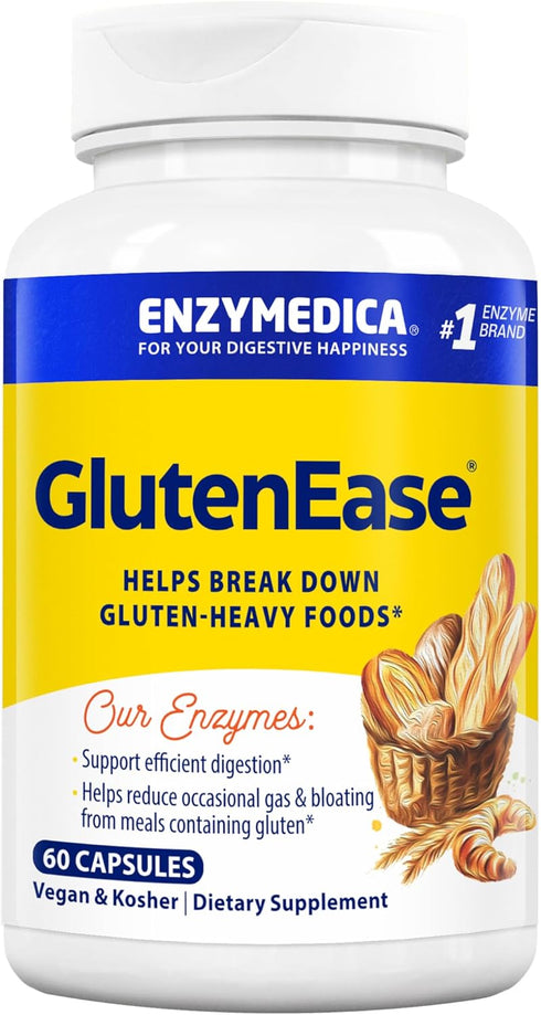 Enzymedica GlutenEase, Digestive Enzymes for Food Intolerance, 60 Count, Fast Acting Gas & Bloating Relief