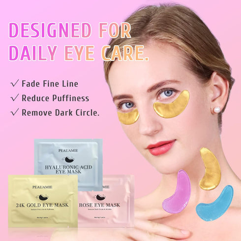 Under Eye Patches (30 Pairs) Gold Eye Mask and Hyaluronic Acid Eye Patches for puffy eyes,Rose Eye Masks for Dark Circles and Puffiness under eye skin care Smooth Wrinkles products