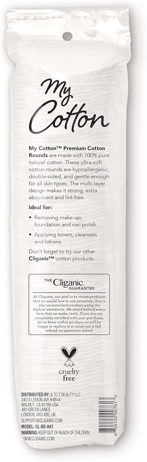 My Cotton Premium Rounds for Face (3 Pack), Makeup Remover Pads, Hypoallergenic, Lint-Free Cotton