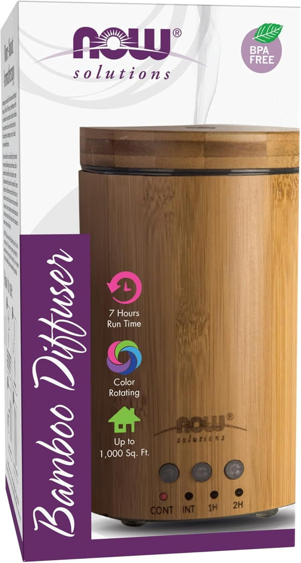 NOW Essential Oils, Ultrasonic Real Bamboo Aromatherapy Oil Diffuser, Extremely Quiet, Heat