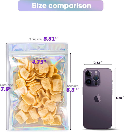 5.5x7 inch Holographic Packaging Bags, Resealable Foil Pouch Mylar Sample Bag Great for Small Business and Party Favor Food Storage(50 Pcs-5.5x7 in)Holographic Color by Motomy