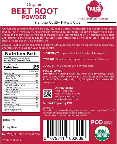 Iyasa Organic Beet Root Powder - Plant Based Superfood, Vegan, Gluten-Free, 1 lb 16 oz