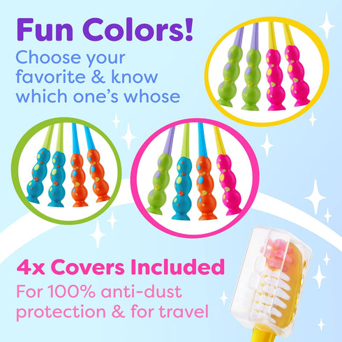 Kids Toothbrush 4 Pack, Soft Bristles with Suction Cup, Multi-Color, Child Sized Brush Heads for Ages 3-10