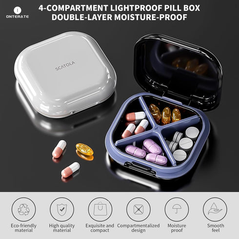 Daily Pill Organizer 4 Compartments, Portable Travel Pill Case, Mini Pill Container for Purse Pocket, Compact Travel Medicine Organizer for Vitamin, Cod Liver Oil, Supplement (Black)