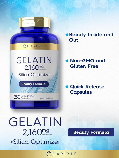 Carlyle Gelatin Capsules, 2160 mg with Silica Optimizer, 250 Count Non-GMO, Gluten Free Supplement