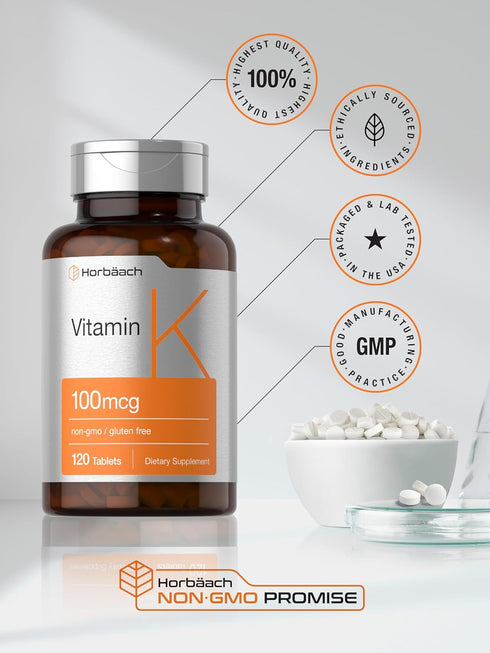 Horbaach Vitamin K Supplement | 100mcg | 120 Tablets | Vegetarian, Non-GMO, Gluten Free