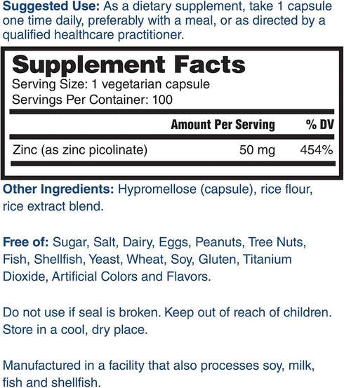 Nature’s Lab Zinc Picolinate 50mg - Highly Absorbable Zinc Supplement, 100 Capsules (3 Month Supply)