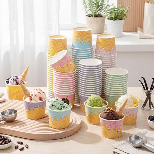 Jingmore 120 4/6/8 oz 6 Frozen Summer (6 oz) Pcs Ice Cream Bowls Paper Ice Cream Cups Containers Bulk Colors Disposable