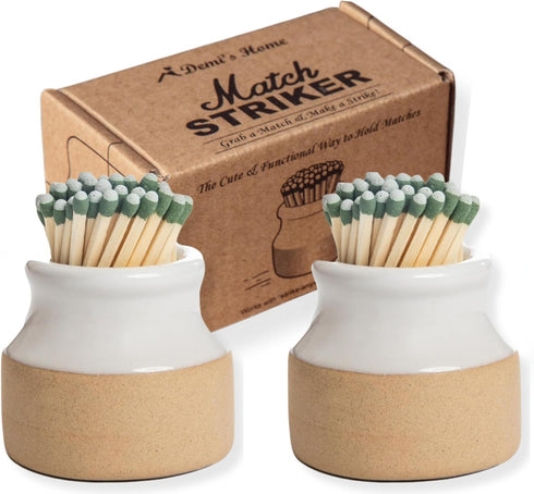 Demi's Home Match Striker Set of 2 - Ceramic Match Holder with Striker - White - (Matches Not Included)