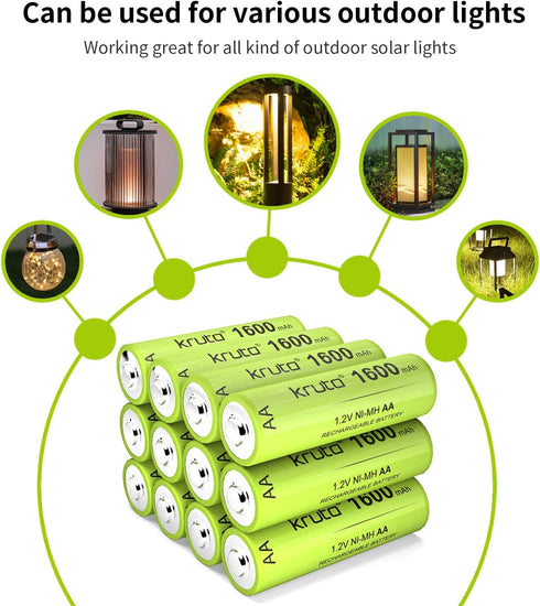 Kruta Ni-MH AA Rechargeable Batteries 1600mAh 1.2V for Garden Landscaping, Outdoor Solar Lights (8 Pack)
