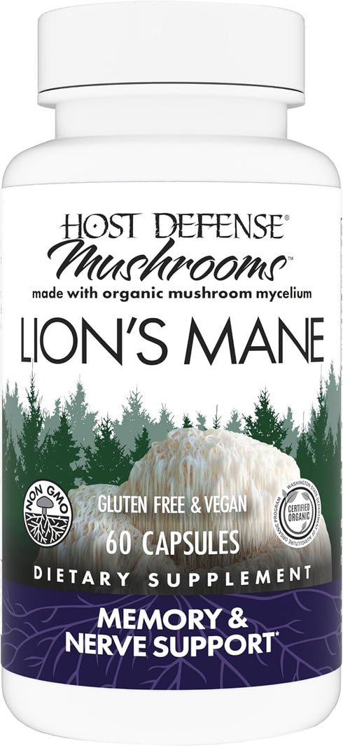 Host Defense Mushrooms Lion's Mane - Brain Health Support Supplement for Focus & Memory Function - 60 Capsules