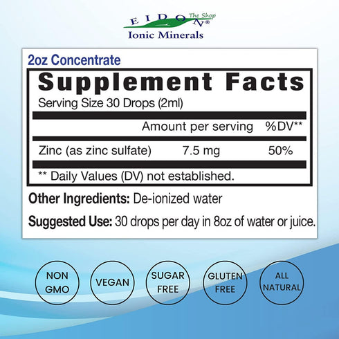 Eidon Ionic Minerals Liquid Zinc Concentrate - Ionic Zinc Supplement Drops for Adults and Kids, Immune System Support,