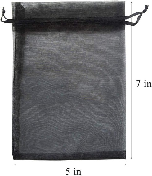 50 Pcs 5x7 Gifts Wrap Bags, Black Organza Sheer Fabric Drawstring Mesh Bags for Baby Shower, Anniversary