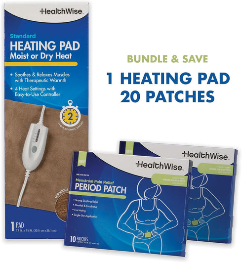 HealthWise Menstrual Pain Relief Bundle, 20Ct Menthol + Eucalyptus Period Patches, Heating Pad for Therapeutic Care