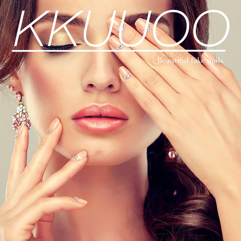 KKUUOO Medium Almond Light Blue Press on Nails, French False Nails with Shell Design & Rhinestones, 24 Pcs