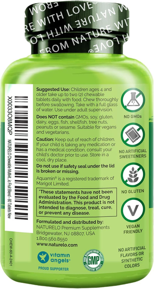 NATURELO Chewable Vitamin for Kids - Multivitamin with Whole Food Organic Fruit Blend, 60 Tablets for Children