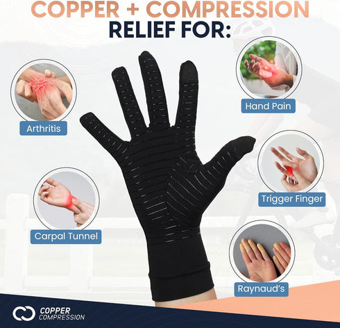 Copper Compression Full Finger Arthritis Gloves - Touch Screen Fingertips, 1 Pair, M