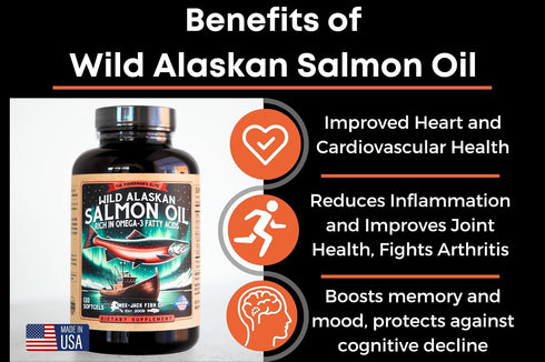 Wild Alaskan Salmon Fish Oil Omega 3 Supplement - 120 Softgels, 1000mg Salmon Oil for Brain & Heart Health
