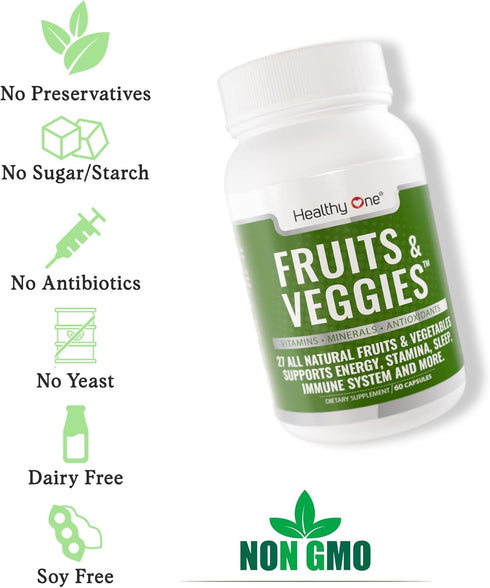 Healthy One Fruit and Veggies Supplement - 60 Veggie Fruit Capsules, 27 Superfood Vitamins for Immune Support