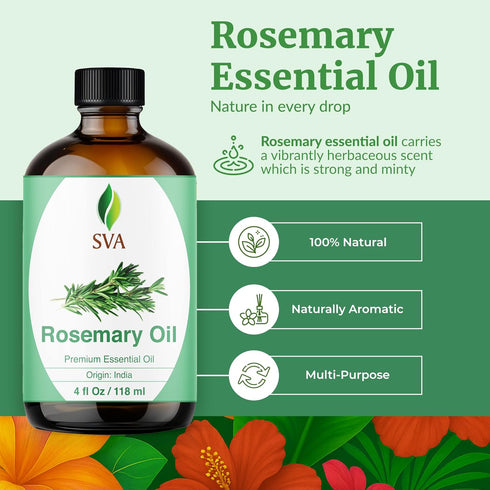 SVA Rosemary Essential Oil, 4 Fl Oz, 100% Natural for Hair, Face, Skin Care, Diffuser, Aromatherapy
