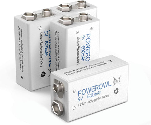 POWEROWL 9V Rechargeable Batteries 600mAh Lithium-ion Low Self Discharge Battery 4 Pack for Smoke Detector and More