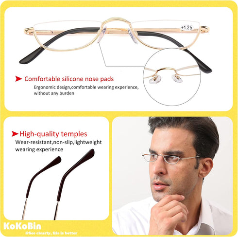 KoKoBin Half Reading Glasses - 2 Pairs Half Rim Metal Frame Readers for Men and Women, Black+Gold 1.50