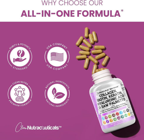 Hair Skin and Nails Vitamins - Collagen Pills 1000mg, Biotin 10000mcg, Keratin 2500mg, DHT Blocker, 90 Count