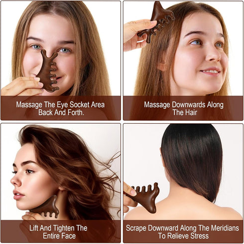 LXUEJIE 4-in-1 Gua Sha Tool for Face & Body, Sandalwood Face & Body Massager, Lymphatic Drainage Massage Comb, Full
