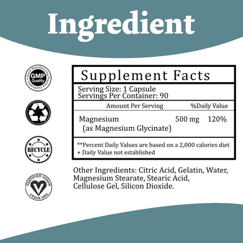 Magnesium Glycinate Supplement - Magnesium Supplement Magnesium Glycinate 500mg - 100% Chelated for High Absorption Essential Mineral Supplement 90 Capsules