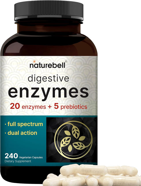 NatureBell Digestive Enzymes with Prebiotics | 240 Veggie Capsules - 20 Enzyme & 5 Prebiotic Complex