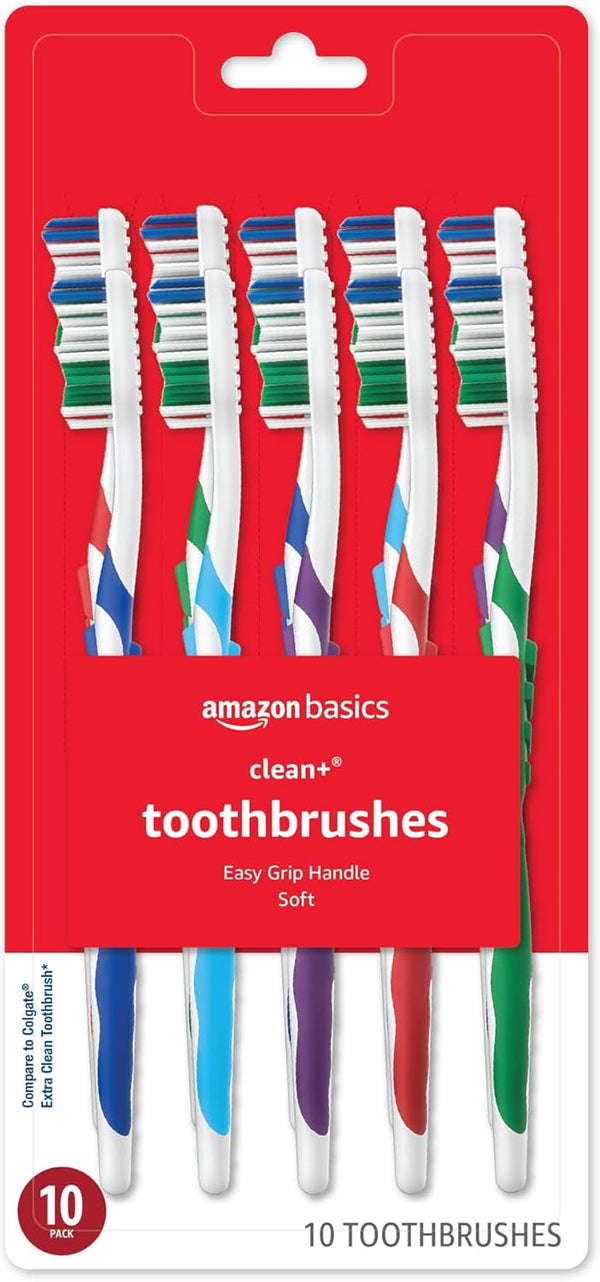 Amazon Basics Clean Plus Toothbrushes, Soft, 10 Count - Assorted Colors (Previously Solimo)