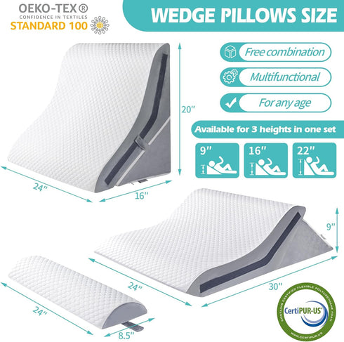 Set, 15-in-1 9 &16 20 inches 3-in-1 Wedge Pillow for Sleeping, Orthopedic Bed Wedge Pillow Adjustable Memory Foam Wedge