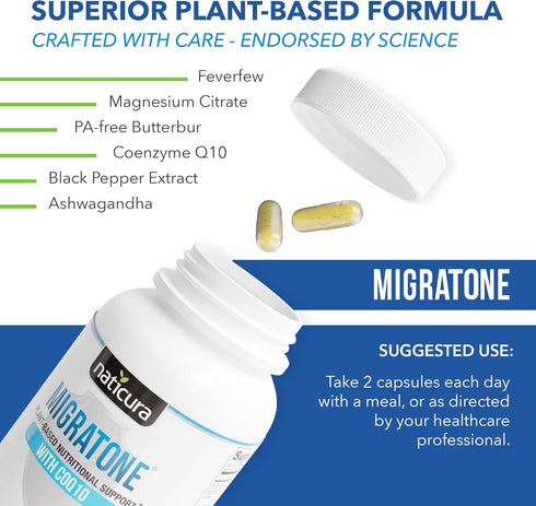 Migratone Migraine Relief, Natural Headache Relief Vitamin with Butterbur, Magnesium, B Vitamins, CoQ10