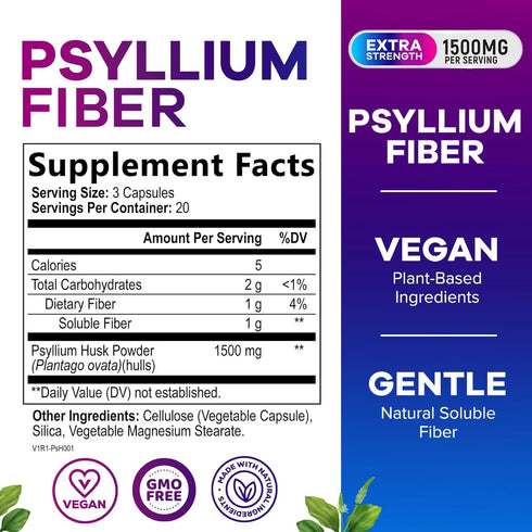 Psyllium Husk Powder Caps 1500mg - Non-GMO, Natural Soluble Fiber for Daily Digestive Health & Regularity Support, Vegan Psyllium Fiber Supplement with Plant Based Fiber, Sugar Free - 60 Capsules