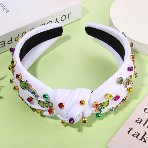 Mexican Beaded Headband for Women, Cinco De Mayo Fiesta Headband with Crystal Knots (Avocado)
