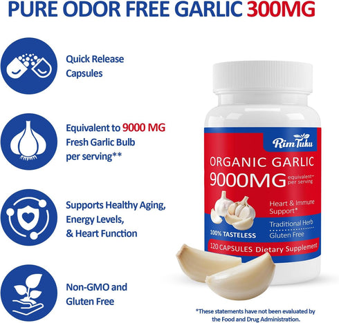 RimTuku 9000MG 30:1 99%+, 2+ 120 Aged Garlic Extract Organic Garlic Supplement Powder Extract Formula, with Alliin