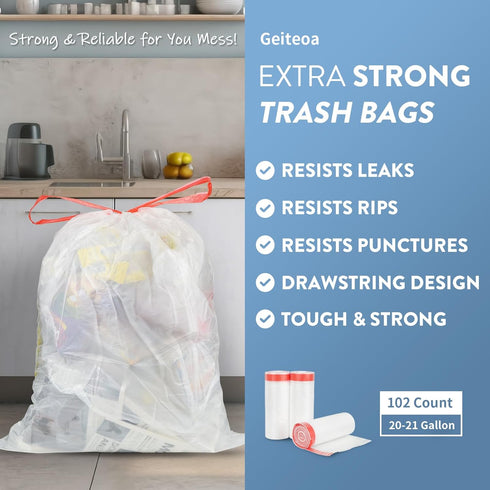 20 Gallon Trash Bags, Extra Strong Large Garbage Bags w/Drawstring (102 Count) Heavy Duty Plastic Trash Liners for Kitchen Commercial Office Lawn, Clear White by Geiteoa