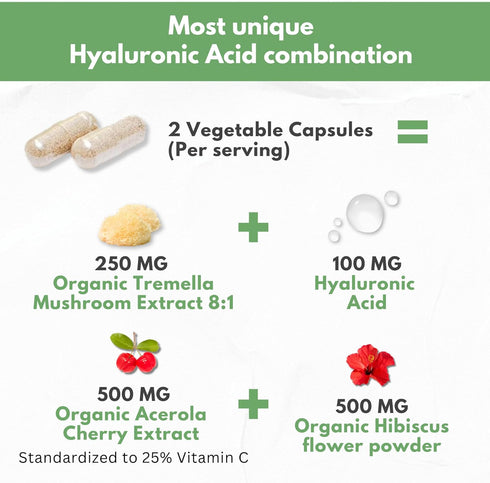 Natural Hyaluronic Acid Supplement, 5X Stronger Hydration Pills from Pure Tremella Mushroom with Vitamin C & Hibiscus