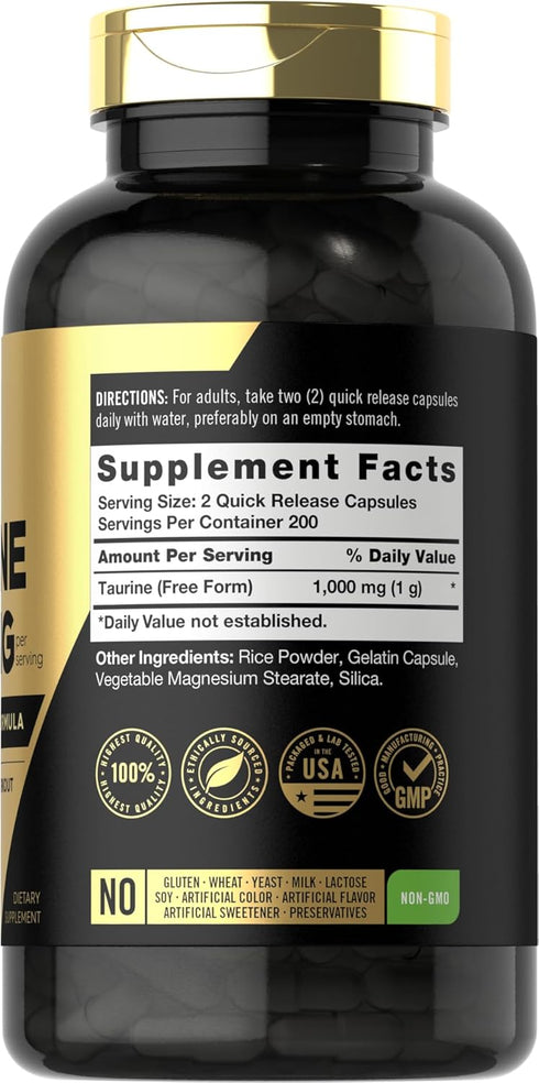 Carlyle Taurine 1000mg Capsules | 400 Count | Free Form | Non GMO, Gluten Free Supplement