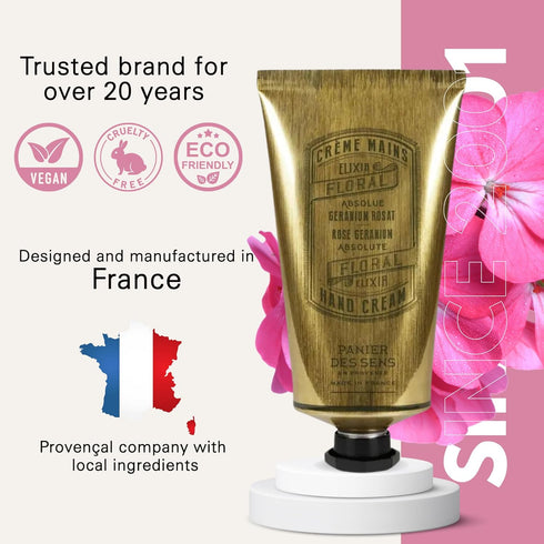 Panier des Sens Hand Cream for Dry Cracked Hands - Rose Geranium Lotion with Olive & Almond Oil, 2.5 fl oz