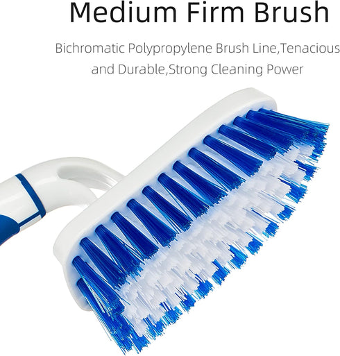 2-Pack Scrub Brush with Long Handle, Medium Firm Bathroom Cleaning Supplies for Kitchen or Carpet, White & Blue