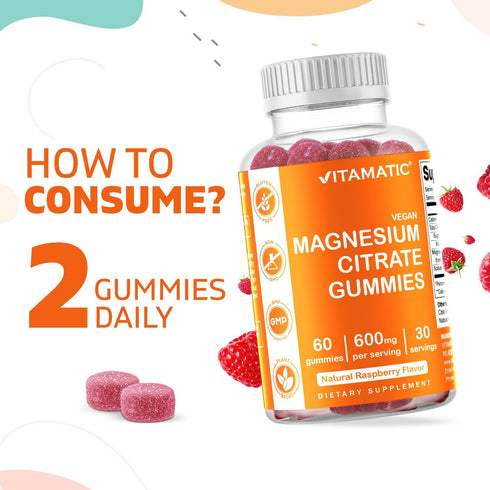 Vitamatic Magnesium Citrate Gummies 600mg per Serving, 60 Vegan Gummies for Relaxation & Energy Support