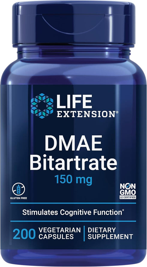 DMAE Bitartrate Supplement | 200 Capsules | For Brain Health, Focus & Memory | Non-GMO, Gluten-Free, Vegetarian