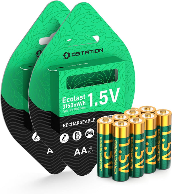 Ostation 8-Pack 1.5V AA Rechargeable Lithium Batteries, 2100mAh High-Capacity Batteries, Smart Chip &