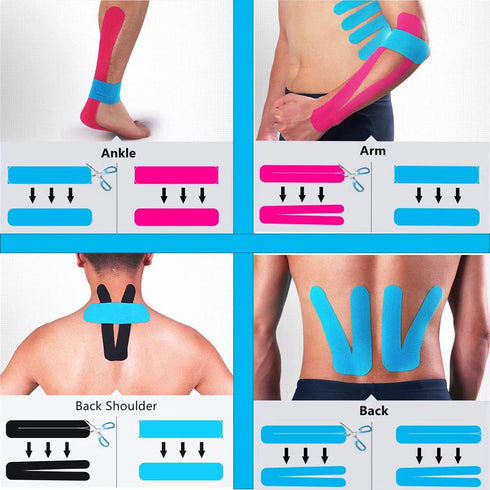 Kinesiology Tape Pro Sports (60 Precut Strips) for Pain Relief in Muscles & Joints, Waterproof Athletic Tape